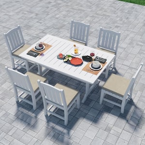 White 7-Piece Plastic Retangular Outdoor Dining Set with Armless Chairs and Beige Cushions