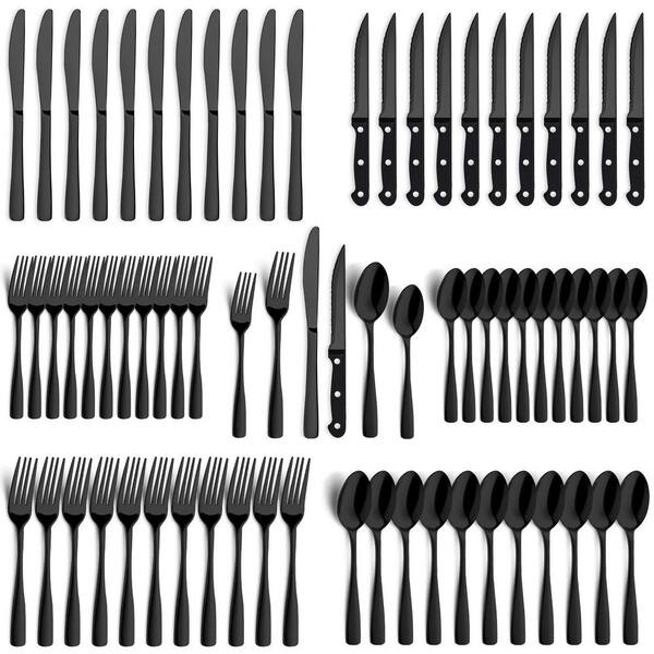 Stainless Steel 2-Piece Black Silverware Set for 12, Mirror Polished Flatware with Steak Knives, Dishwasher Safe