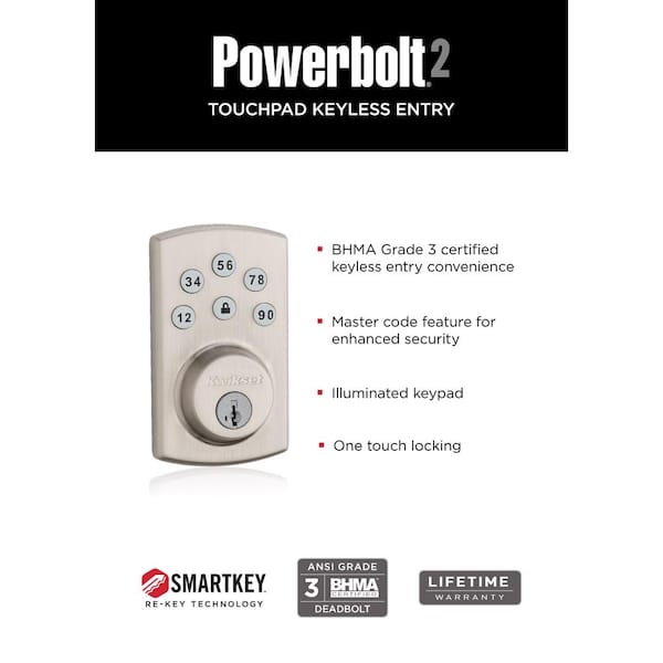 Powerbolt2 Satin Nickel Single Cylinder Electronic Deadbolt Featuring SmartKey Security and Balboa Passage Lever