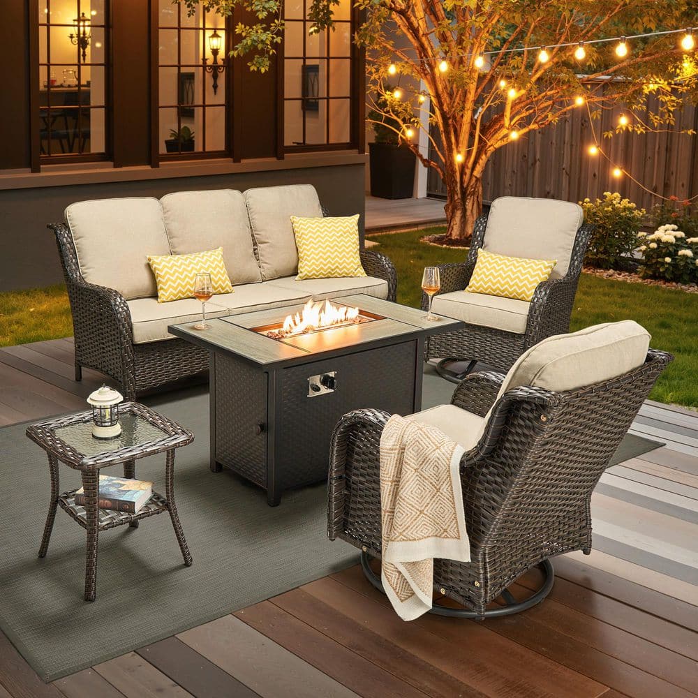 Canon 5 Pieces Wicker Outdoor Patio Rectangular Fire Pit Set and Swivel Rocking Chairs with Beige Cushions price history on PriceWatchPro