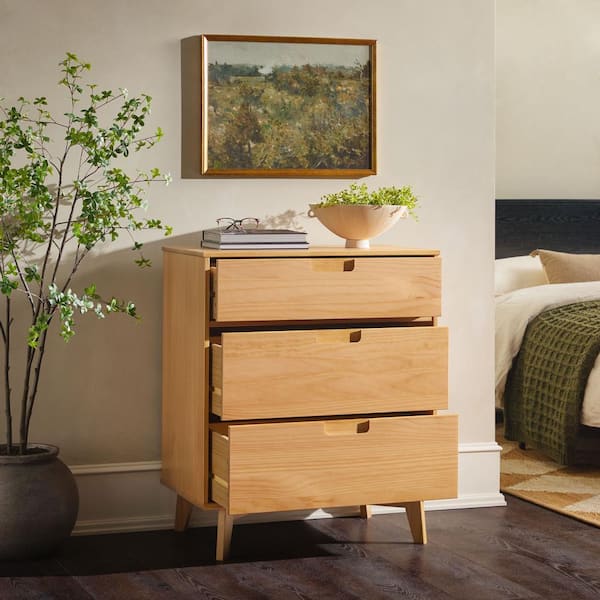 Mid-Century Modern Natural Pine 3-Drawer 30 in Chest of Drawers