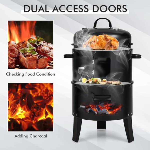 3 in 1 Portable Round Charcoal Smoker BBQ Grill Built in Thermometer