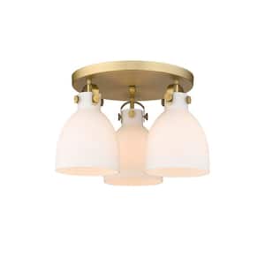 Newton Bell 19.63 in. 3-Light Brushed Brass Industrial Flush Mount with Seeded Glass Shade