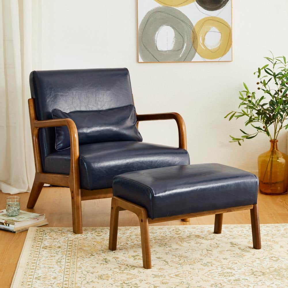 Set of 2 Navy Blue Leatherette Accent Chairs with Walnut Legs