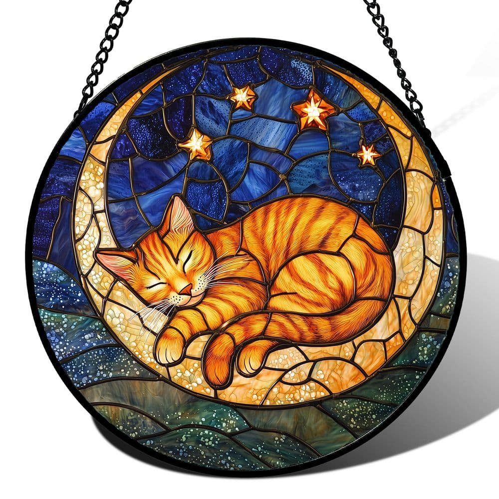 11.8 in. Orange Moon Sleeping Cat Stained Glass Window Panel WK2584 ...