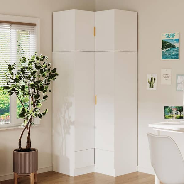 FUFU&GAGA White Wooden 35.4 in. W x 19.8 in. D x 94.5 in. H Corner Armoire, Wardrobe with 2-Drawer, 4-Doors, 2-Shelf and 2-Bars
