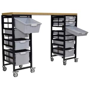 Mobile Workbench Storage Station With Wood Top -11 StorSystem Trays-Gray