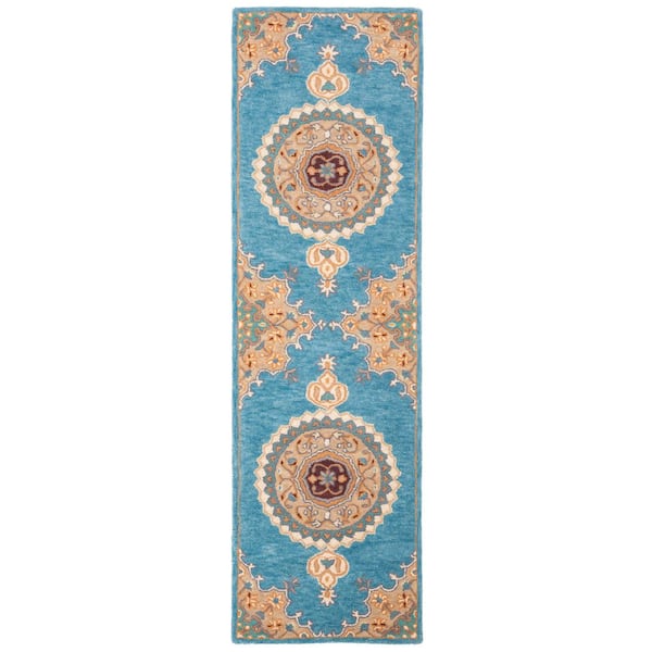 Heritage 2 ft. x 8 ft. Blue/Beige Border Medallion Runner Rug