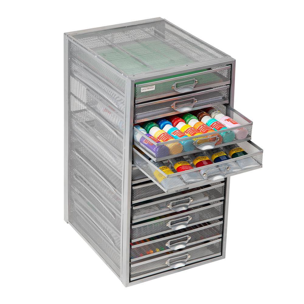 Sleek Silver Metal Mesh 10-Drawer Desktop Organizer Cabinet