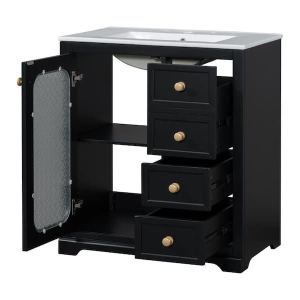 30 in. Single Sink Soft Close Glass Door Classic Black Bath Vanity with White Ceramic Top