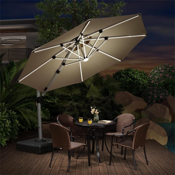 PURPLE LEAF 10 ft. Octagon Aluminum Solar Powered LED Patio Cantilever Offset Umbrella with Base, Beige