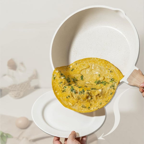 10 Piece Nonstick Pots and Pans Set, Granite Kitchen Cookware Set in Cream White with Saucepans Induction Compatible