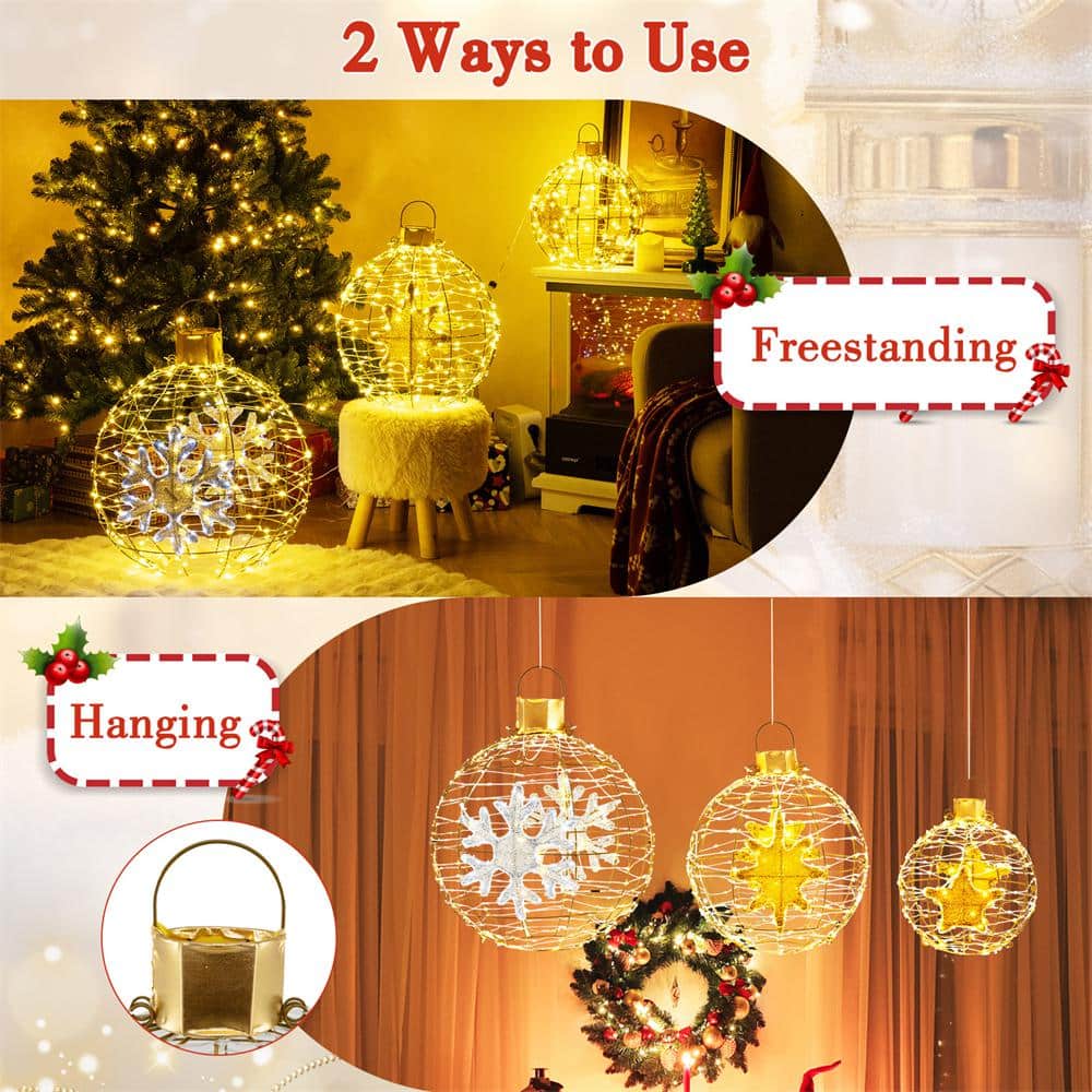 Gold Pre-Lit Christmas Lantern Balls with LED Lights, Set of 3