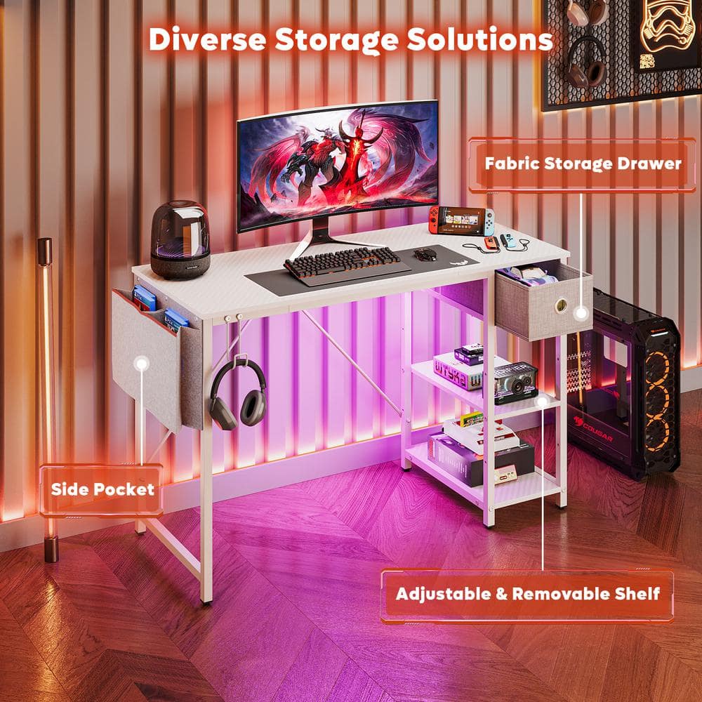 White Particle Board Computer Desk with Drawer and LED Light