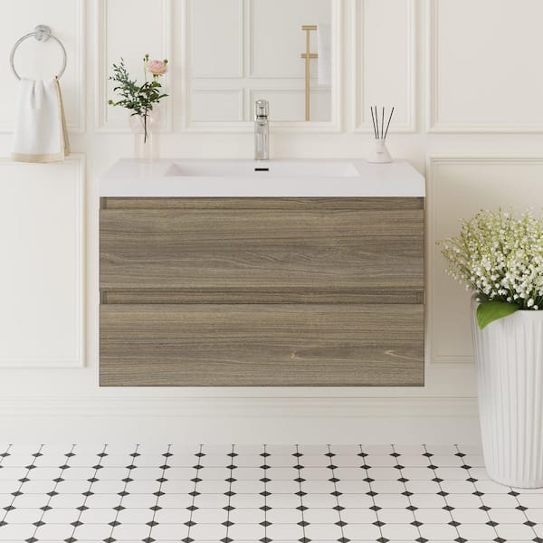 36 in. W x 19-3/4 in. D x 22-1/5 in. H Bathroom Wall Hung Vanity in Ash Grey with Single Basin Vanity Top in White