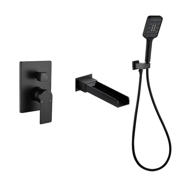 WELLFOR Waterfall Single-Handle Wall-Mount Roman Tub Faucet with Hand Shower in Matte Black