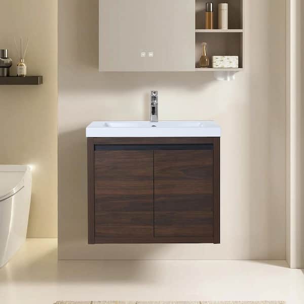 Satico 23.62 in. Wall-Mounted Walnut Bath Vanity with White Resin Sink Top Unassembled
