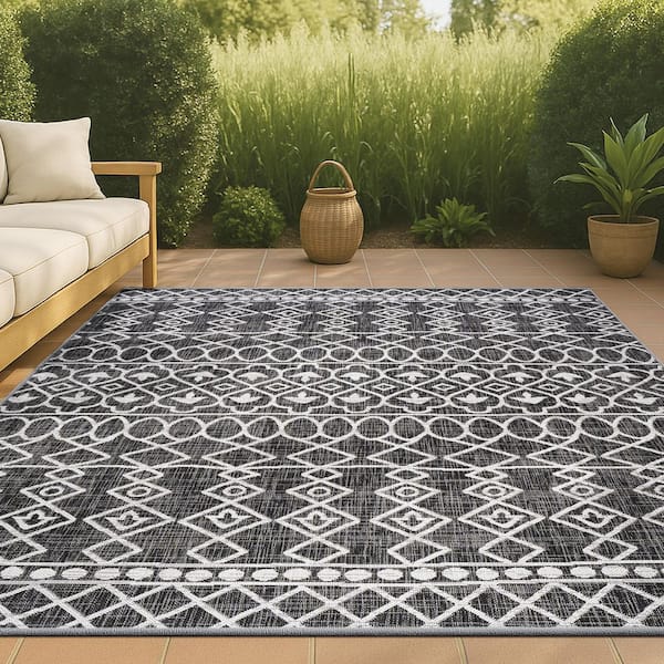 Kafel Tribal Bohemian Black/Ivory 5 ft. x 8 ft. Indoor/Outdoor Area Rug