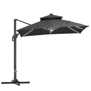 10 ft. Patio Market Umbrella with Solar LED Lights and Double Top Square 360° Rotation, 4-Positon Tilt, Gray