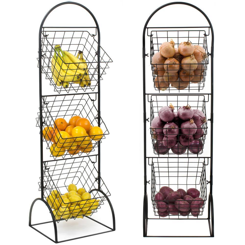 Black Metal 3-Tier Square Basket Stand for Kitchen Storage