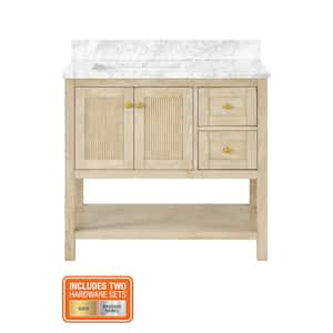 Arcott 37 in. Single Sink Fluted Natural Wood Bath Vanity with White Carrara Marble Top (Assembled)