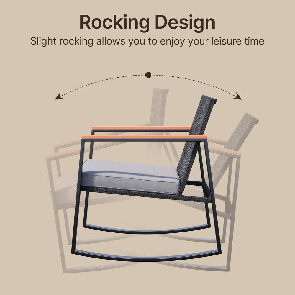 Gray Wicker and Steel 3-Piece Patio Rocking Chair Set