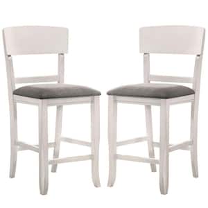25.62 in. White and Gray Low Back Wood Frame Counter Height Stool Chair with Fabric Seat (Set of 2)