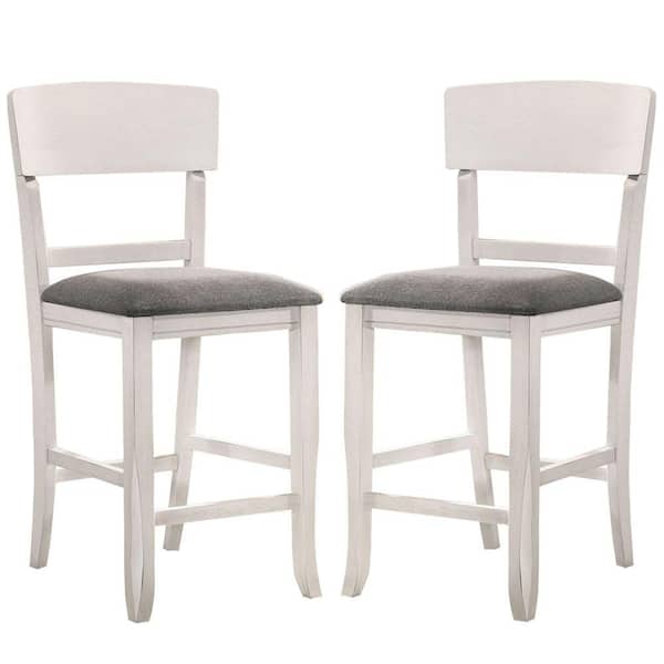 Benjara 25.62 in. White and Gray Low Back Wood Frame Counter Height Stool Chair with Fabric Seat (Set of 2)