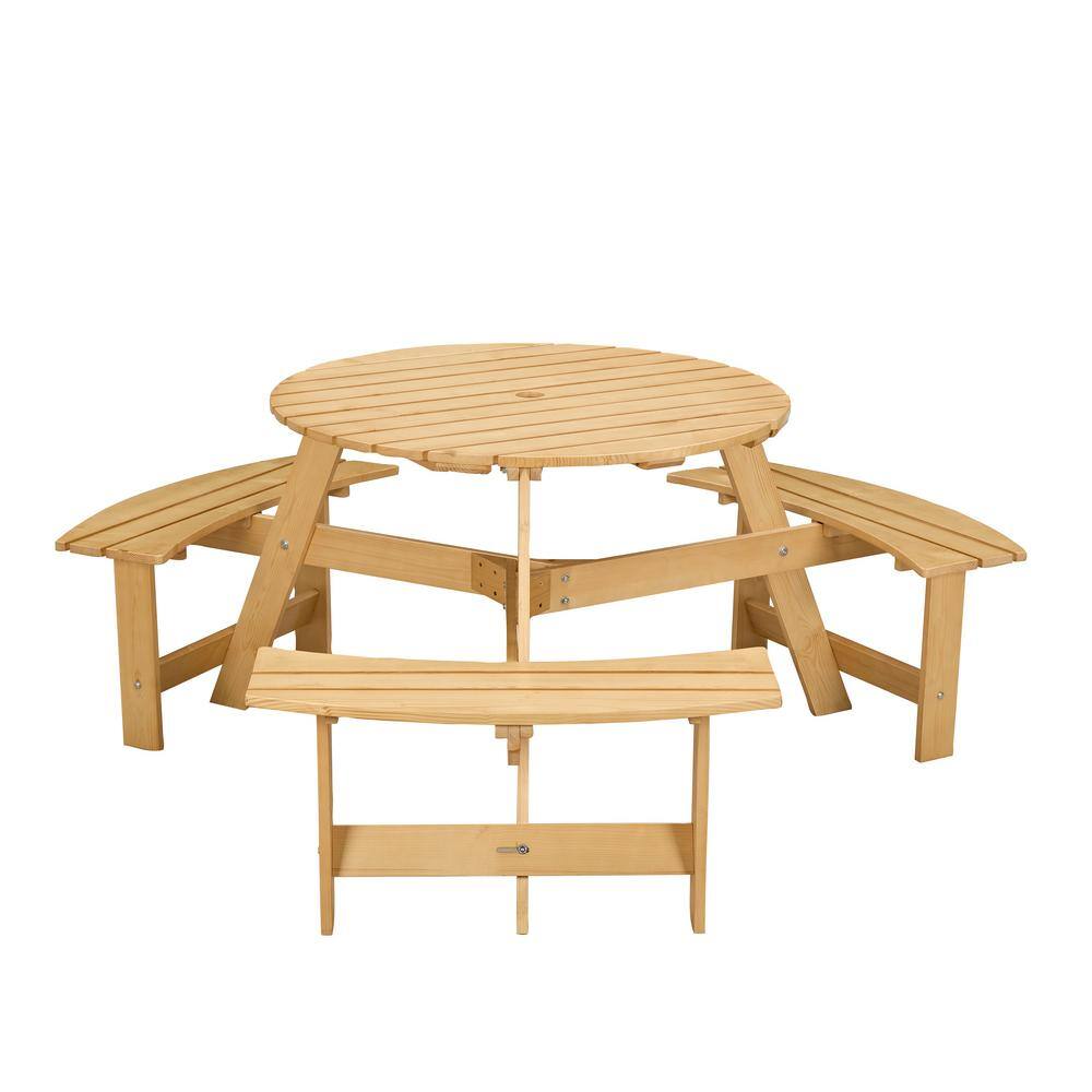 4 in 1-Piece Wood Outdoor Dining Set, 6-Person Round Picnic Table with 4-Built-in Benches, Umbrella Hole, Beige price history on PriceWatchPro
