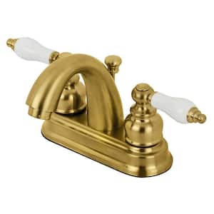Restoration 4 in. Centerset 2-Handle Bathroom Faucet with Plastic Pop-Up in Brushed Brass