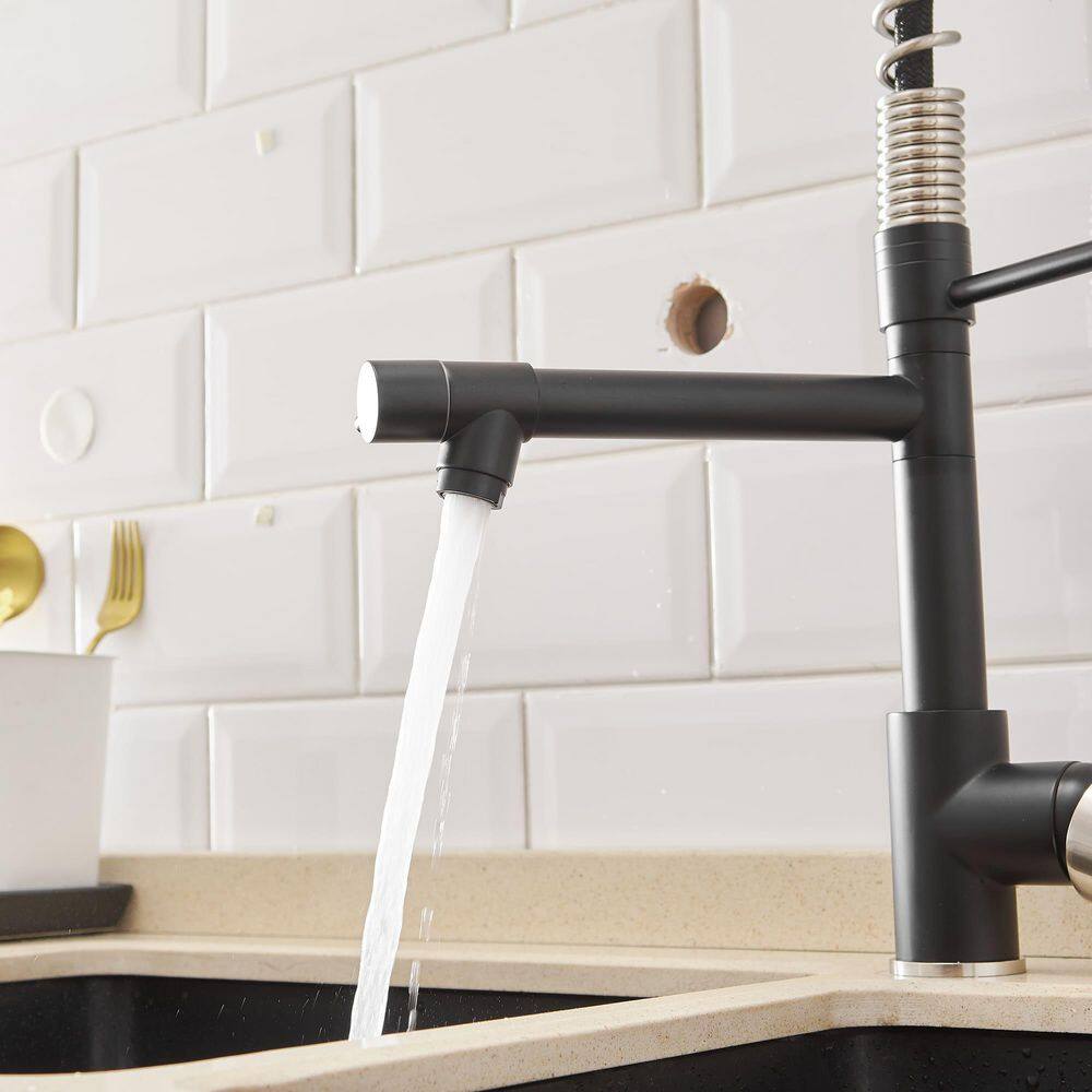 Brushed Nickel and Matte Black High-Arc Kitchen Faucet with Pull-out Spray