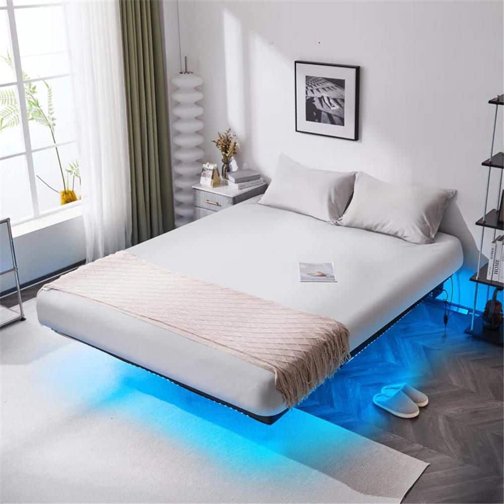 Black Queen Size Floating Bed Frame with Usb Charging Station/Led Light - thumbnail 8