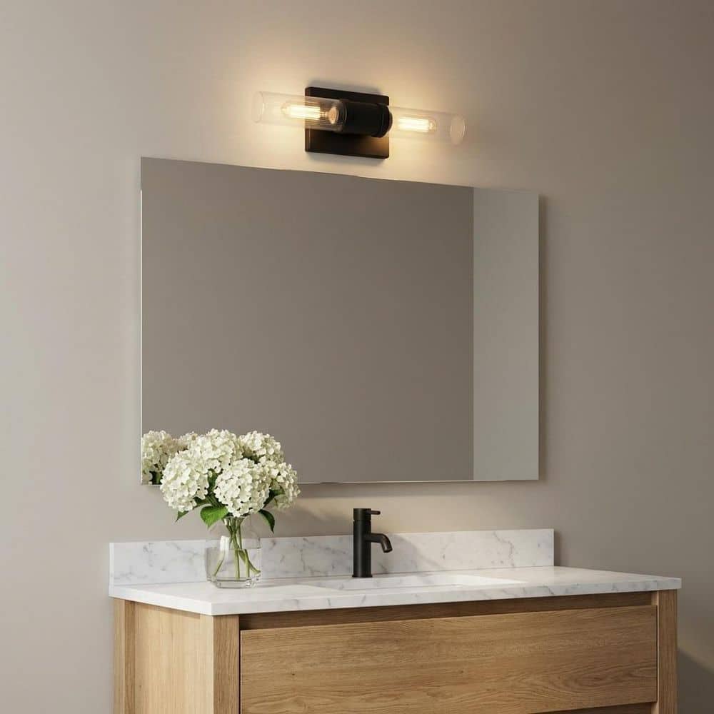 Keaton 5 in. W x 16 in. H 2-Light Midnight Black Bathroom Wall Sconce with Clear Fluted Glass Shades price history on PriceWatchPro