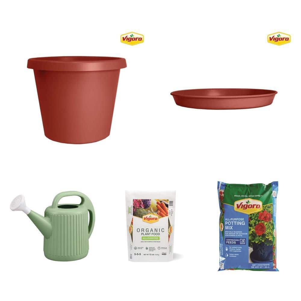 Vigoro 8 in. Clay Planter, Saucer, 2 Gal. Can, 12 lb. Food, 32 qt
