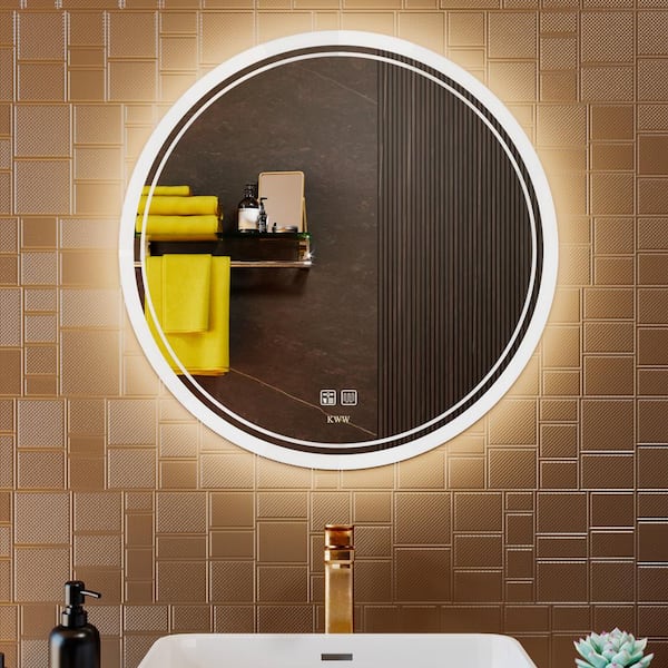 KWW 24 in. W x 24 in. H Round Frameless Dimmable Anti-Fog Wall Bathroom Vanity Mirror in Light
