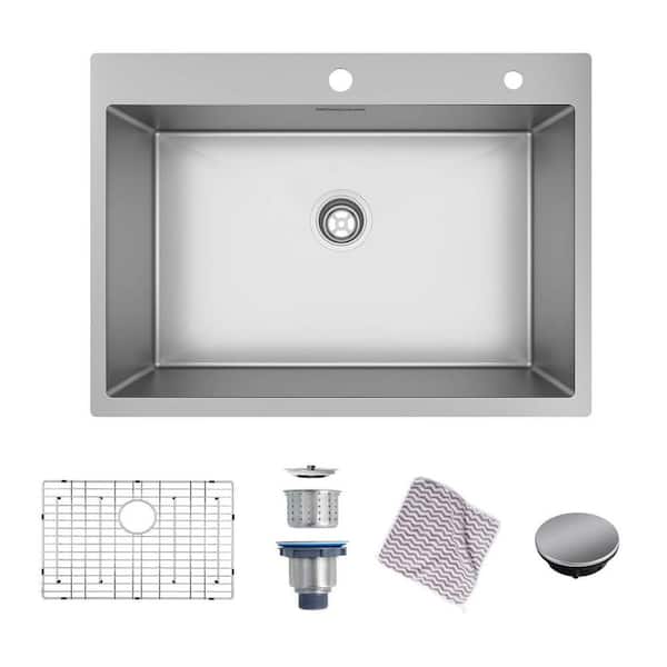 Siavonce 16 Gauge Drop-in or Topmount Stainless Steel 28 in. 2-Hole Single Bowl Kitchen Sink