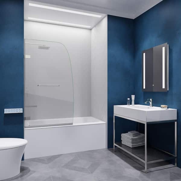 GRAND Series 31.5 in. x 58 in. Frameless Hinged Tub Door in Brushed Nickel with Towel Bar Handle