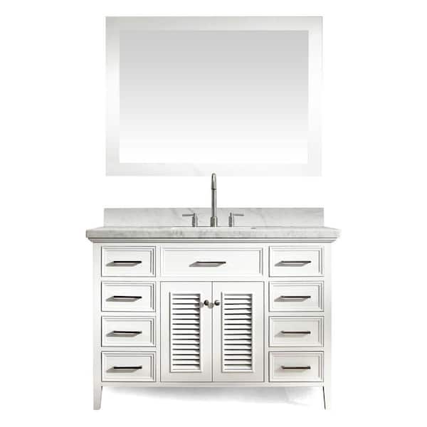 Ariel Kensington 49 in. Bath Vanity in White with Marble Vanity Top in Carrara White, Under-Mount Basin and Mirror