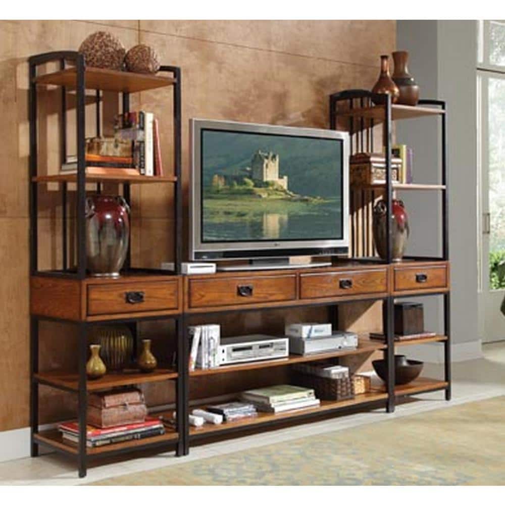 Distressed Oak and Metal 3-Piece Entertainment Center