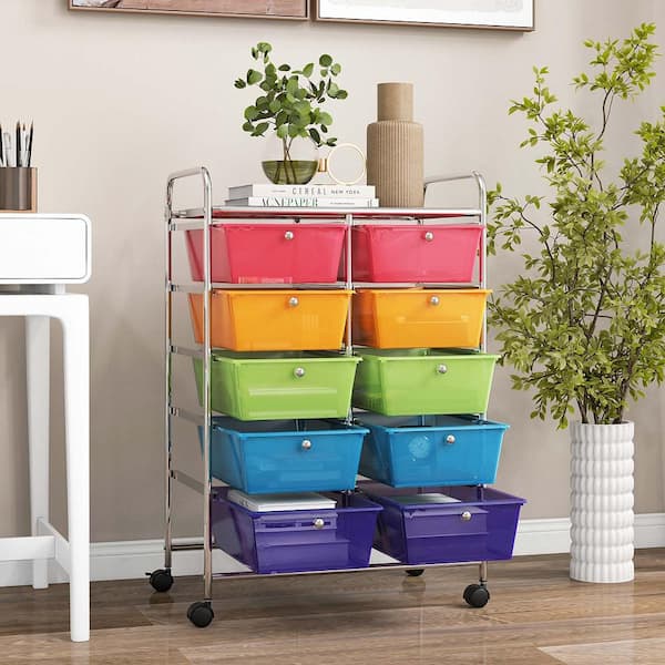 10-Drawer 4-Wheeled Plastic Storage Cart Utility Rolling Trolley Kitchen Office Organizer in Rainbow
