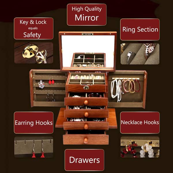 Cherry Wooden Jewelry Box with Lock and Key for Women Storage Case