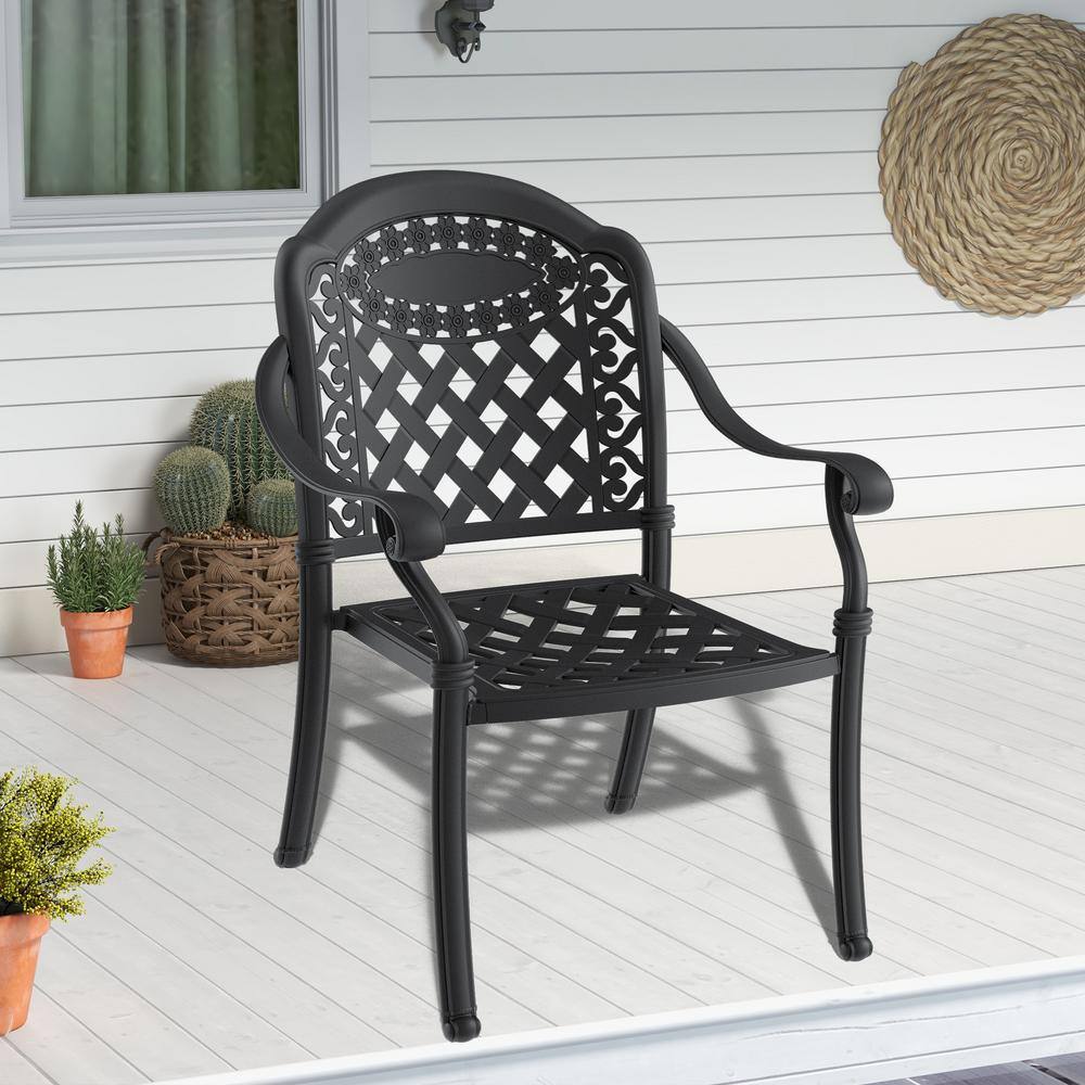 Matte Black Cast Aluminum Outdoor Dining Armchairs with Multicolor Cushions