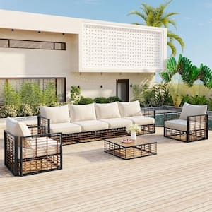 7-Piece Wicker Patio Conversation Set with White Cushions and Coffee Table