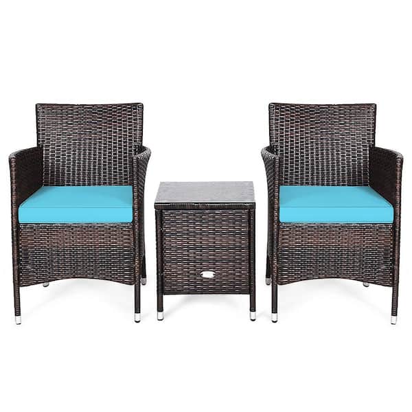 Gymax 3-Pieces Rattan Patio Outdoor Furniture Set with Turquoise Cushioned Chairs Coffee Table