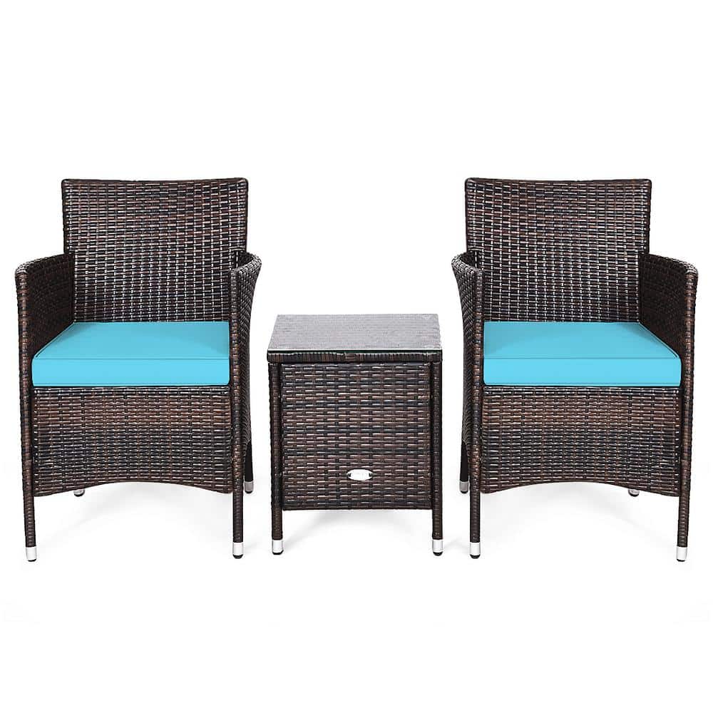 3-Pieces Rattan Patio Outdoor Furniture Set with Turquoise Cushioned Chairs Coffee Table