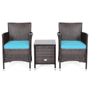 3-Pieces Rattan Patio Outdoor Furniture Set with Turquoise Cushioned Chairs Coffee Table
