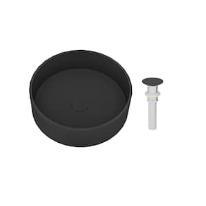 17 in. Vessel Round Concrete Bathroom Sink in Black Earth with Striped Design and Matching Drain