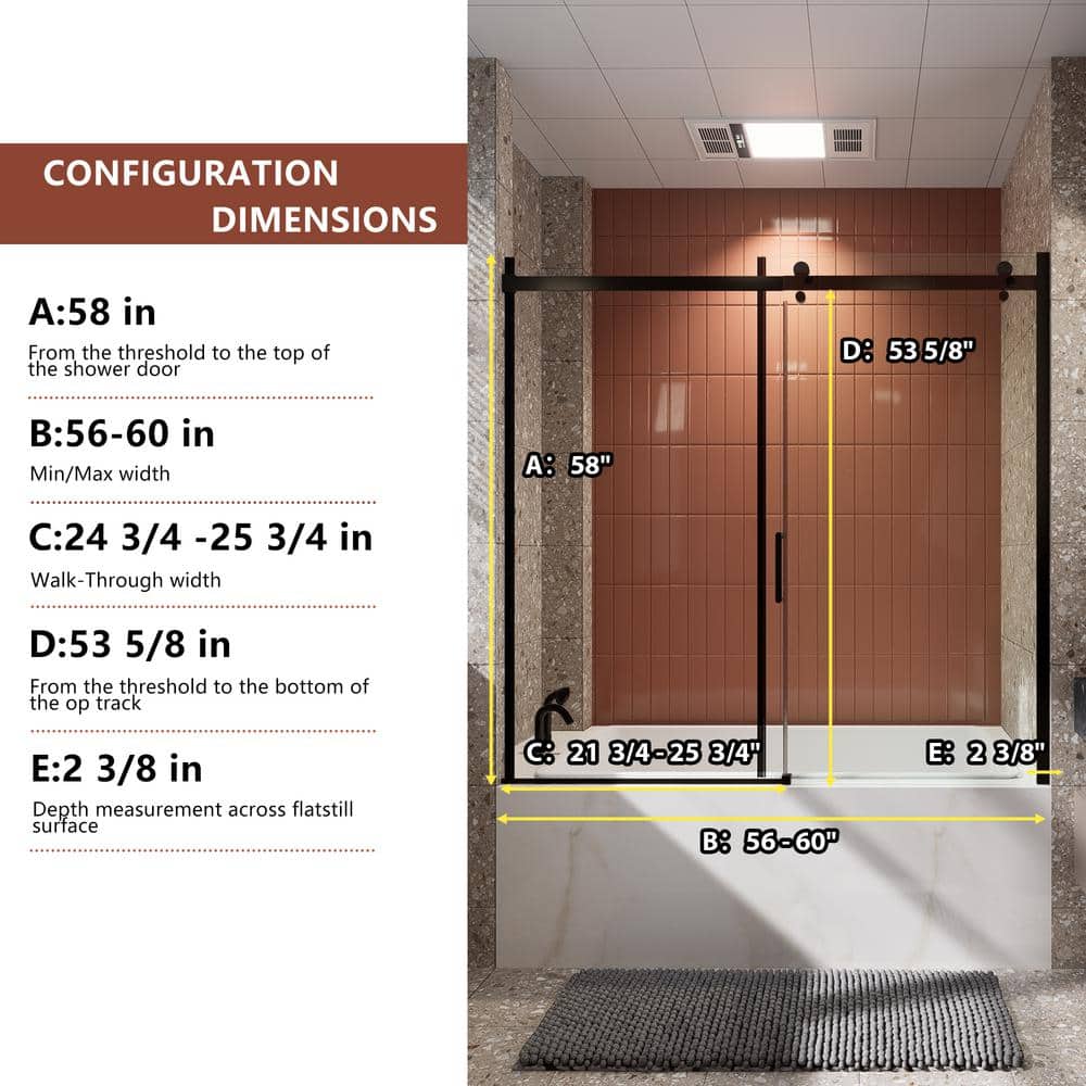 58" Matte Black Frameless Sliding Bathtub Door with Clear Glass