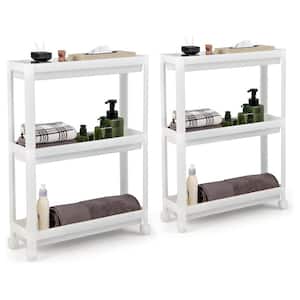 2-Pieces White PP 3-Tier Slim Storage Kitchen Cart with Drainage Holes and Wheels