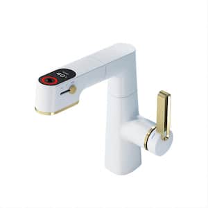 Single Handle Digital Display Bathroom Faucet with Pull-out in White
